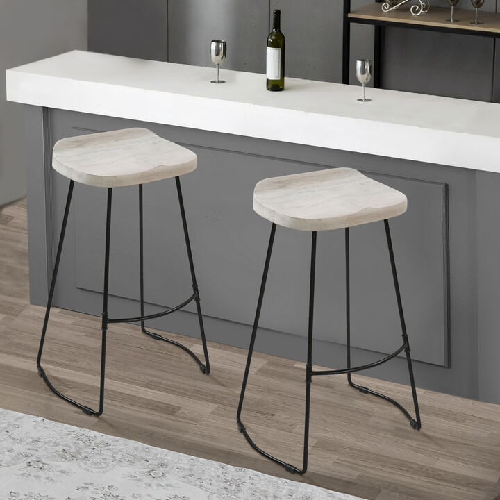 Tiva 30 Inch Handcrafted Backless Barstool, Whitewashed Mango Wood Saddle Seat, Black Metal Base-Benzara