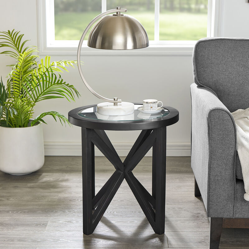 Modern Round Glass Coffee Table with Solid Wood Base for Living Room