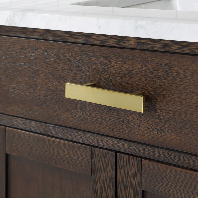 Chestnut 30 In. Single Sink Carrara White Marble Countertop Bath Vanity In Brown Oak with Satin Gold Hardware