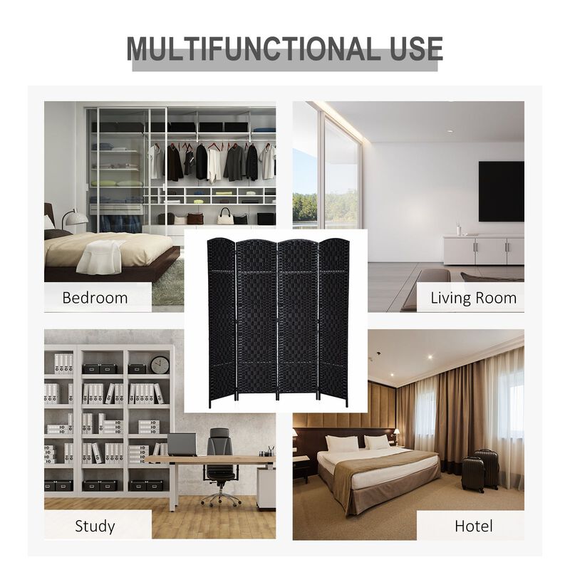 Black Room Divider: 6' Tall Wicker Weave 4-Panel Wall Divider