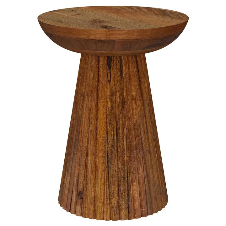 Ureo Round Accent Side Table, Cone Pedestal Base, Brown Mango Wood - Benzara