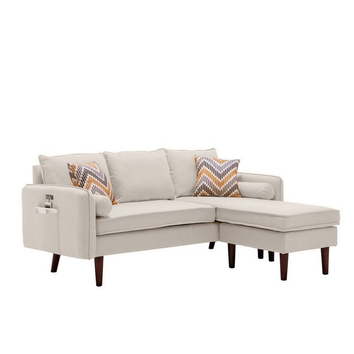 Ranon 70 Inch Sectional Chaise Sofa, USB Charging Port, Side Pocket, Beige-Benzara