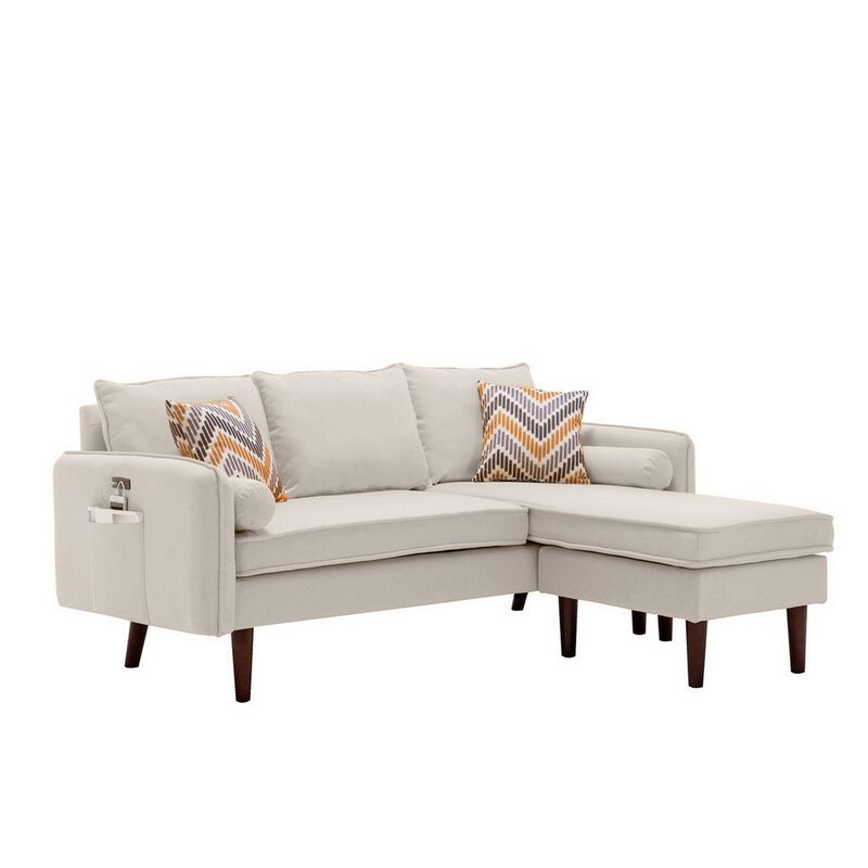 Ranon 70 Inch Sectional Chaise Sofa, USB Charging Port, Side Pocket, Beige-Benzara