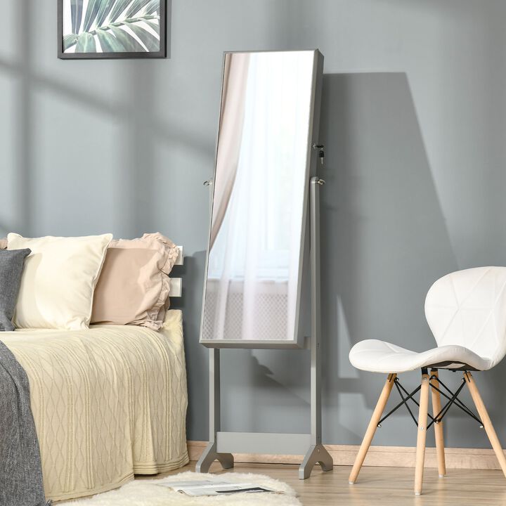 Grey Jewelry Storage: Lockable Cabinet with Full-Length Mirror