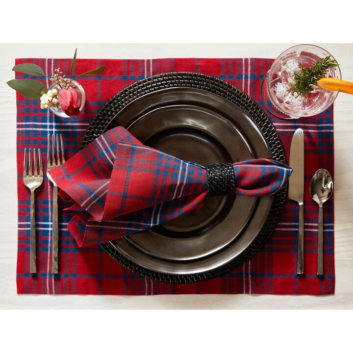 Solino Home 100% Pure Linen 14 x 19 Inch Placemats Set of 4 | Red Tartan Plaid