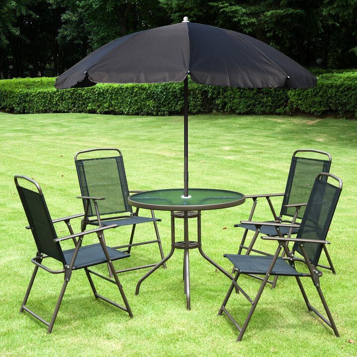 Black Outdoor Dining: 6-Piece Patio Set with Umbrella and Folding Chairs