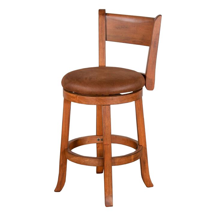 Marv Swivel Counter Height Chair Set of 2, Brown Faux Leather, Wood - Benzara
