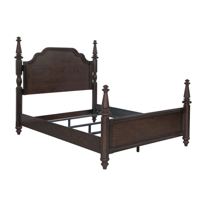 Meon Queen Poster Bed, Carved Headboard, Dark Oak Brown Wood - Benzara