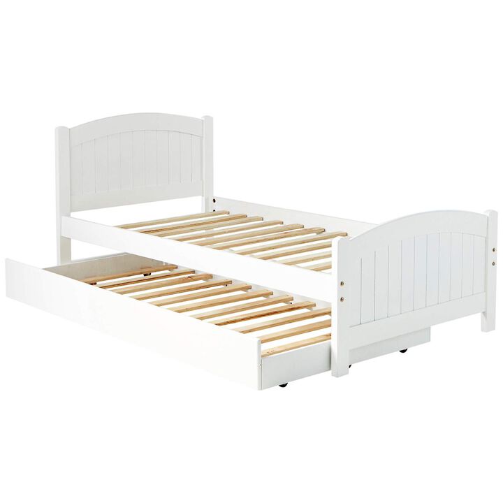 Twin Size Bed with Trundle Slats Pine Plywood Kids Youth Bedroom Furniture