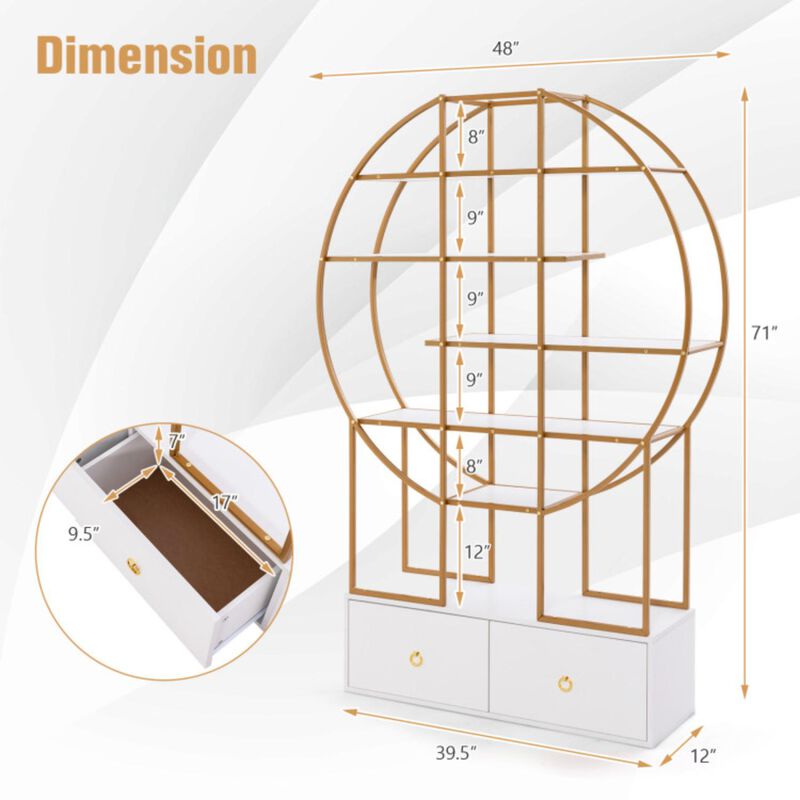 Hivvago 71 Inches 6-Tier Gold Bookshelf with 2 Storage Drawers