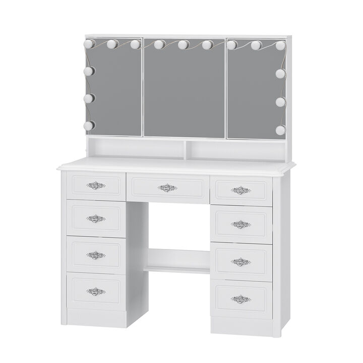 White Makeup Vanity Table Dressing Desk W/3-Mirrors,Lighted Mirror, Drawers, Hidden Storage Shelves Carved Metal Handles