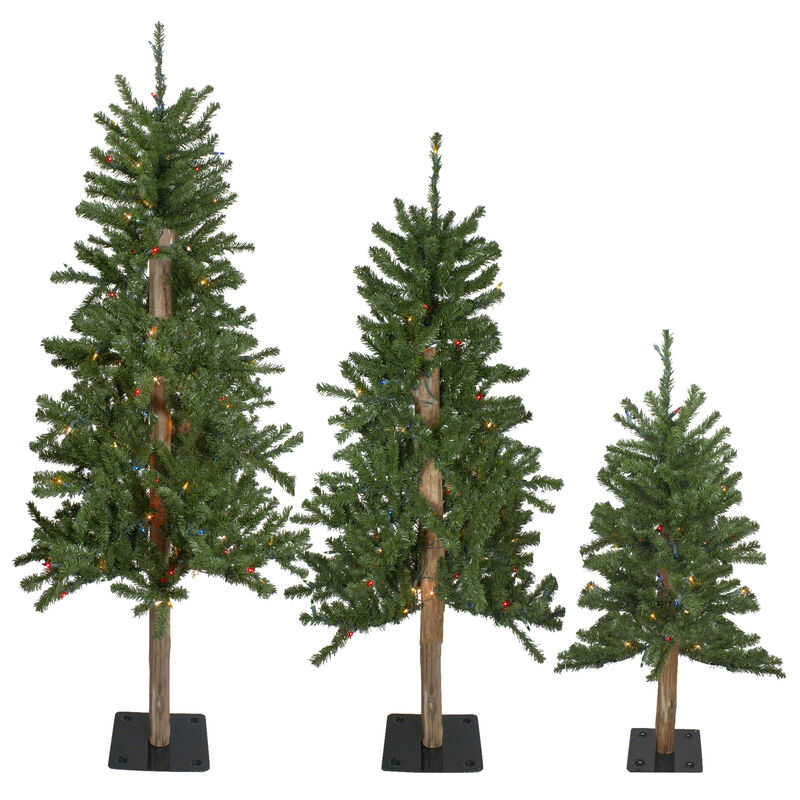 Set of 3 Pre-Lit Slim Alpine Artificial Christmas Trees 5' - Multicolor Lights