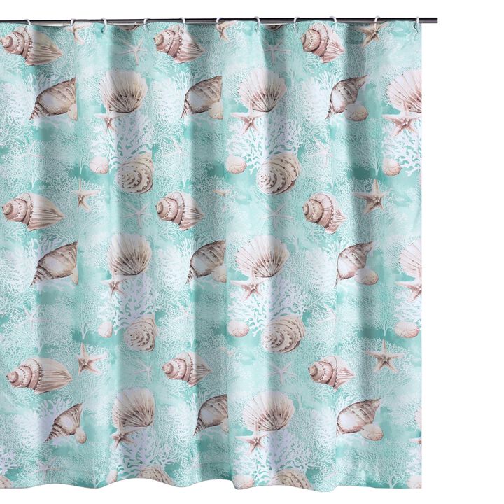Logan 72 Inch Shower Curtain, Coastal Light Blue Conch Shells Print-Benzara