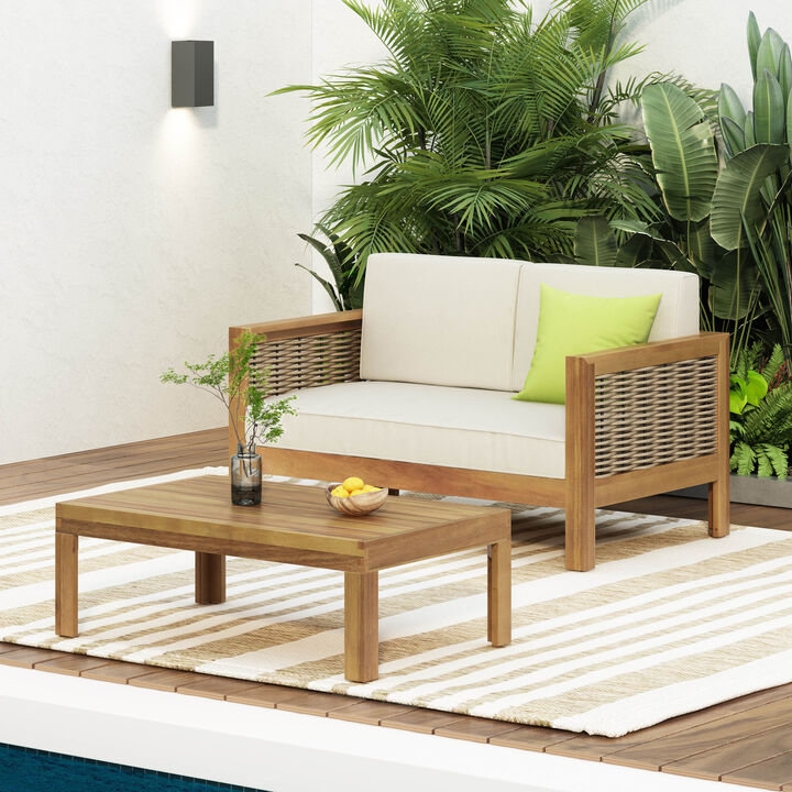 Merax Outdoor Acacia Wood and Wicker Loveseat and Coffee Table Set
