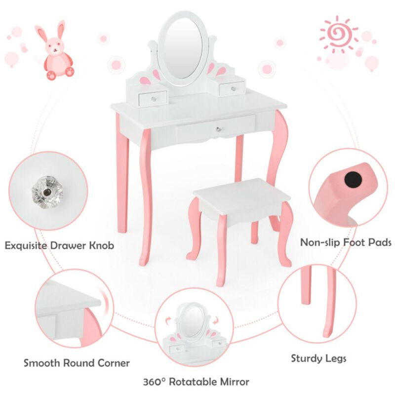 Hivvago Kids Vanity Princess Makeup Dressing Table Stool Set with Mirror and Drawer
