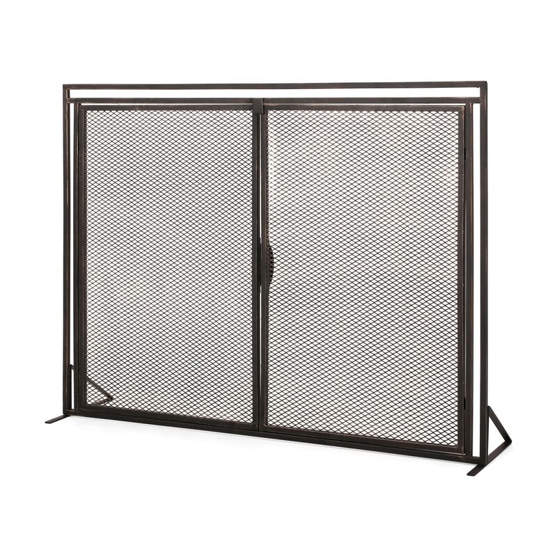 31x40 Fireplace Screen, 2 Door Diamond Mesh Design, Black Bronze Iron -Benzara