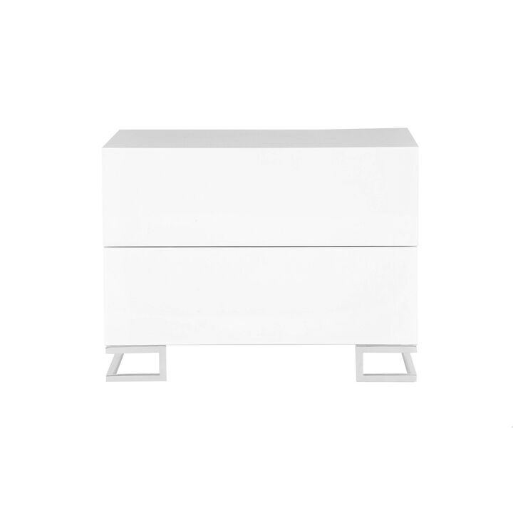 Sam 20 Inch Nightstand, 2 Drawers, White Wood, High Polished Metal Legs - Benzara