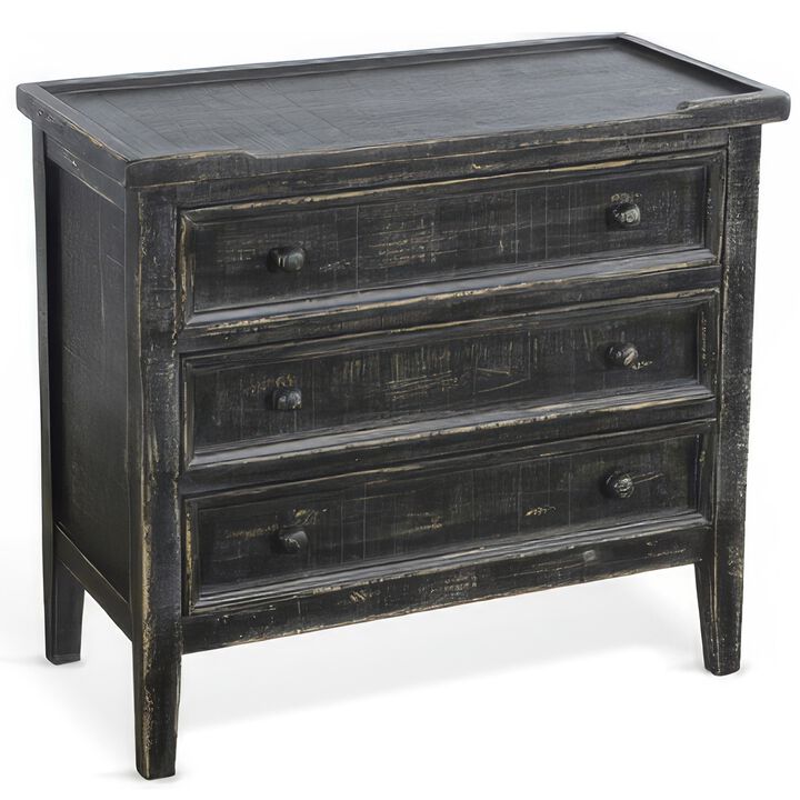 Rena Side End Table with 3 Drawers, 28 Inch Rustic Black Mahogany Wood - Benzara Rena Side End Table with 3 Drawers, 28 Inch Rustic Black Mahogany Wood - Benzara
