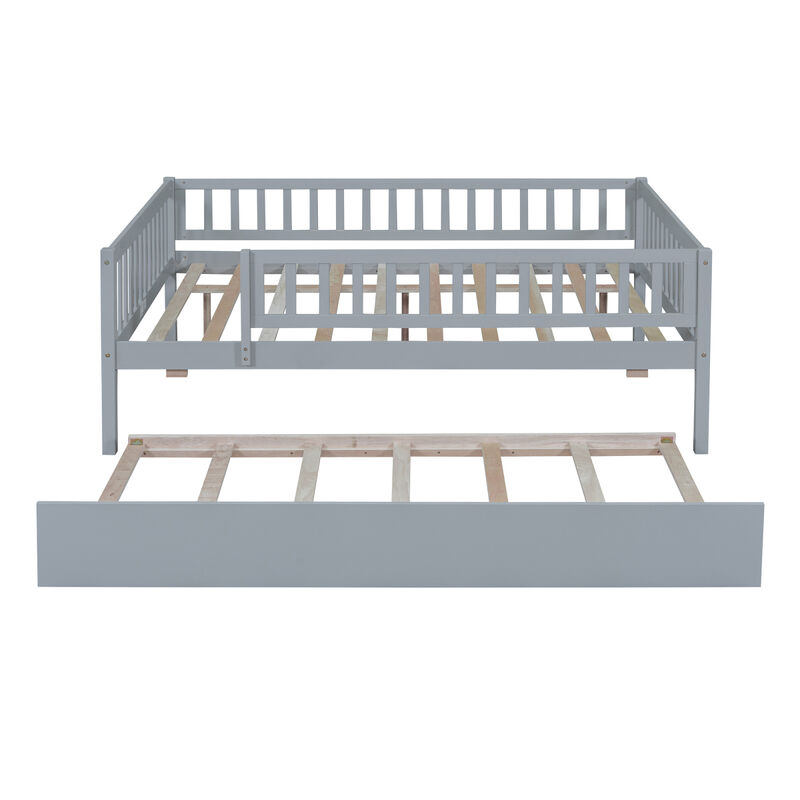 Full Size Wood Daybed With Trundle And Fence Guardrails