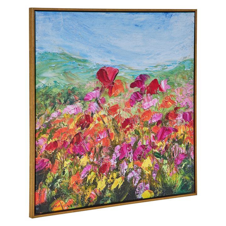 37 x 37 Handcrafted Wall Art Poppies Hillside on Framed Canvas, Gold Red - Benzara