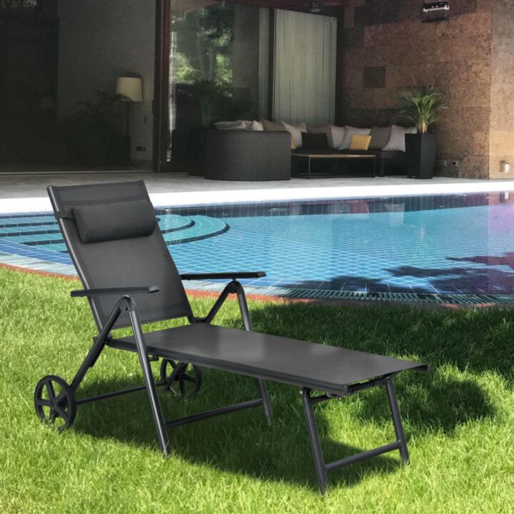 Hivvago Patio Lounge Chair with Wheels Neck Pillow Aluminum Frame Adjustable-Gray
