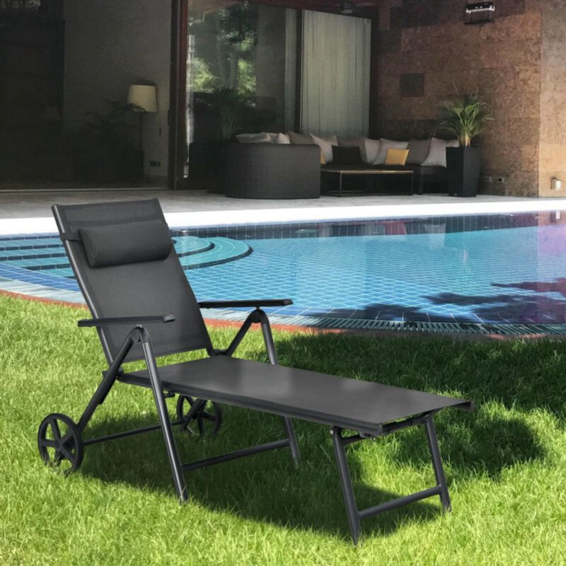 Hivvago Patio Lounge Chair with Wheels Neck Pillow Aluminum Frame Adjustable-Gray