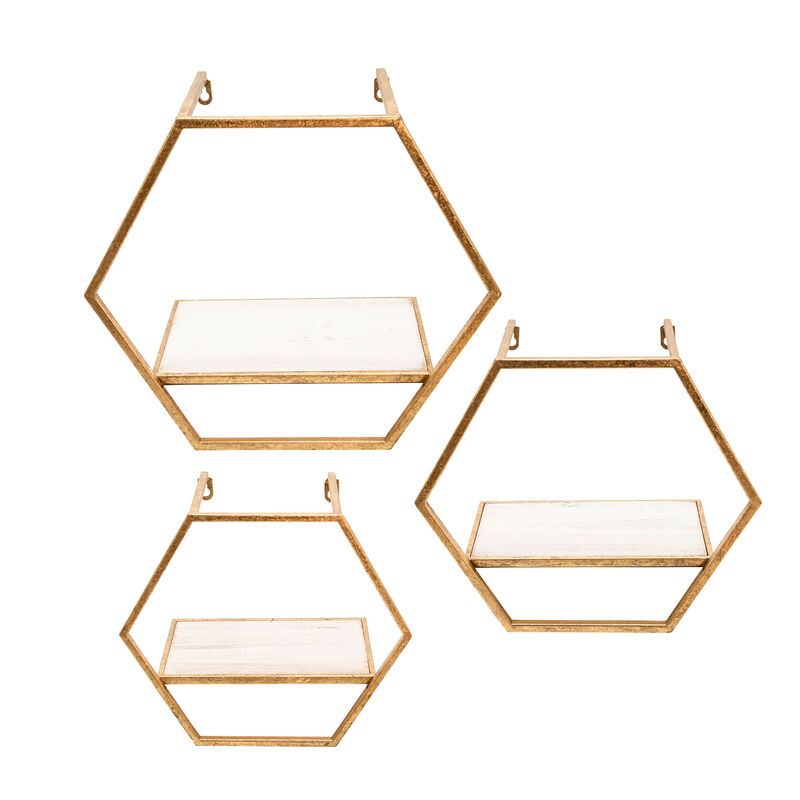 Hexagon Wall Shelves, Gold Set of 3