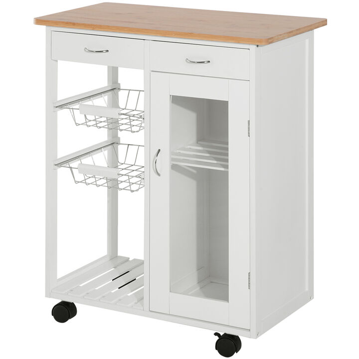 Rolling Kitchen Trolley Cart Bamboo Storage Cabinet Wire Basket Drawer