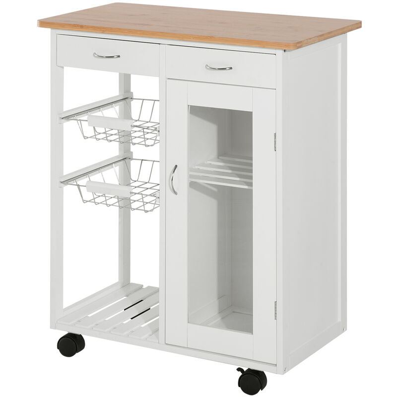 Rolling Kitchen Trolley Cart Bamboo Storage Cabinet Wire Basket Drawer