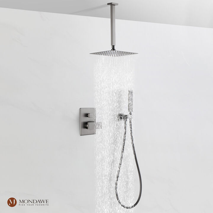 Mondawe All-In-One Kit Dark Grey 10 Inch Square Bathroom Shower Set with Rough in-Valve