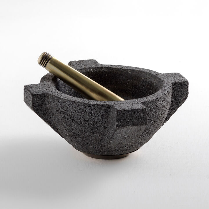 MORTERO Decorative Volcanic Stone Bowl with Aged Bronze Details by ANDEAN, In Stock