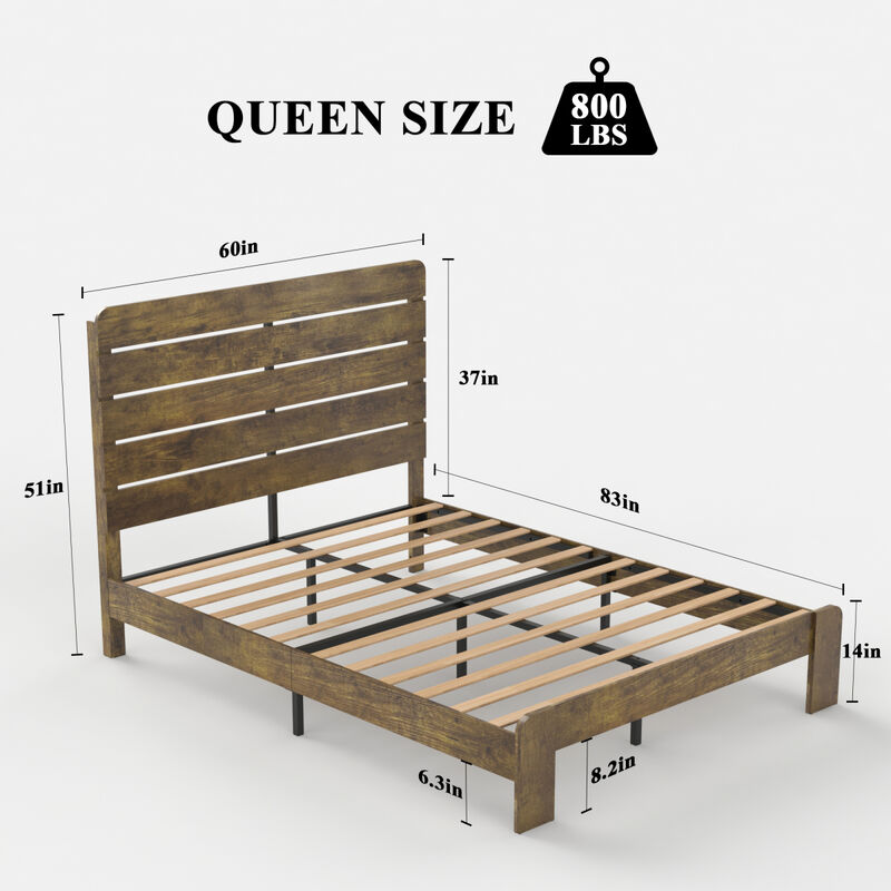 Queen Size Wood Platform Bed Frame with Storage in Dark Brown