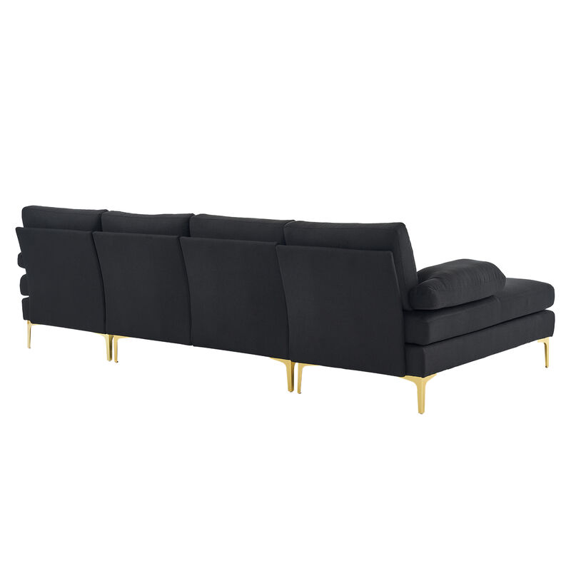 4-Seater U-Shaped Indoor Modular Sofa, Linen Seat with Wooden & Iron Frame, Gold Feet