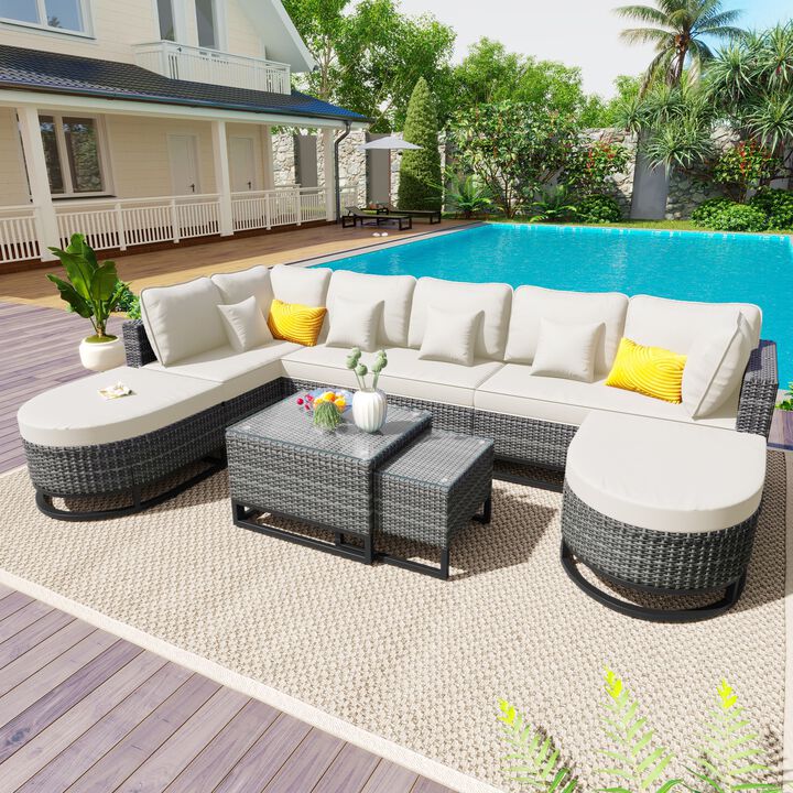 Whisen 7-Piece Outdoor Wicker Sofa Set, Modular Rattan Sectional with Coffee Table & Pillows, Patio Furniture for Garden & Deck