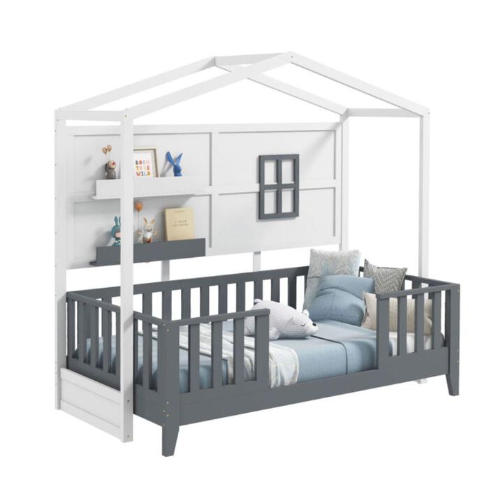 Hivvago Twin Wood House Bed Montessori Floor Bed with 2 Shelves and Guardrails