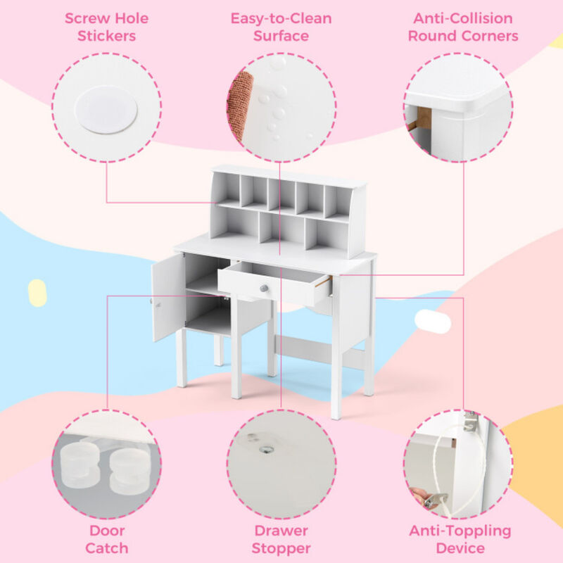 Kids Study Desk and Chair Set with Hutch and Storage Cabinet