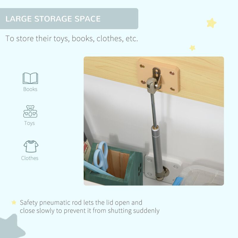 White Kids' Organizer: Wooden Toy Box with Bench Seat & Safety Rod