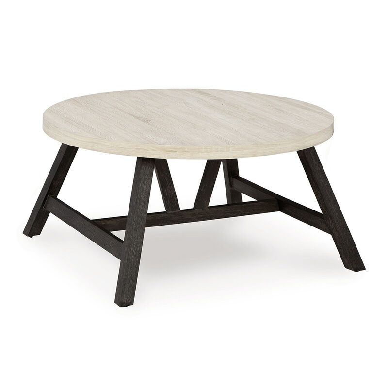 Demy 3pc Coffee and End Table Set, White Round Oak Wood Top, Gray Base - Benzara