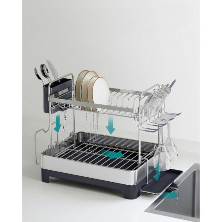 2-Tier Dish Rack with Draining Tray Space-Saving Stainless Steel Design