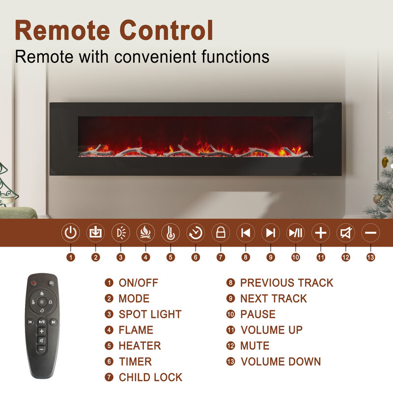 MONDAWE 72" Wall-Mounted Electric Fireplace 5120 BTU Heater with Bluetooth Speaker & Remote Control Adjustable Flame Color & Temperature Setting