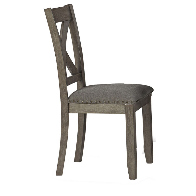 7 Piece Dining Table Set, Lattice Back Chairs, Dark Gray Wood, Polyester - Benzara
