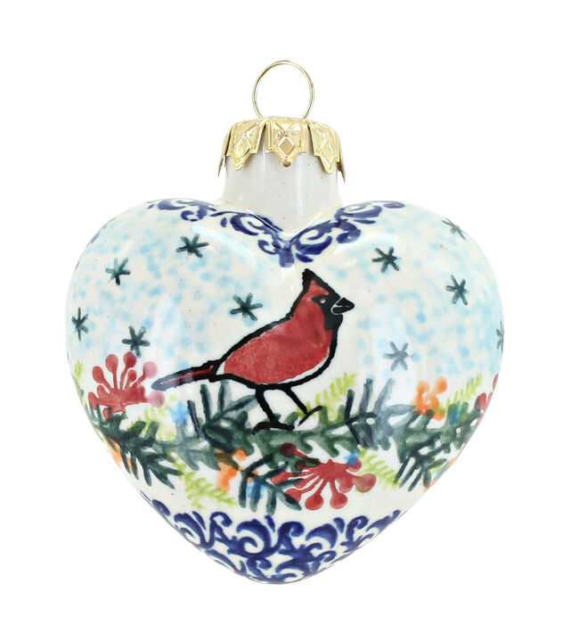 Blue Rose Polish Pottery Winter Cardinal Heart Ornament