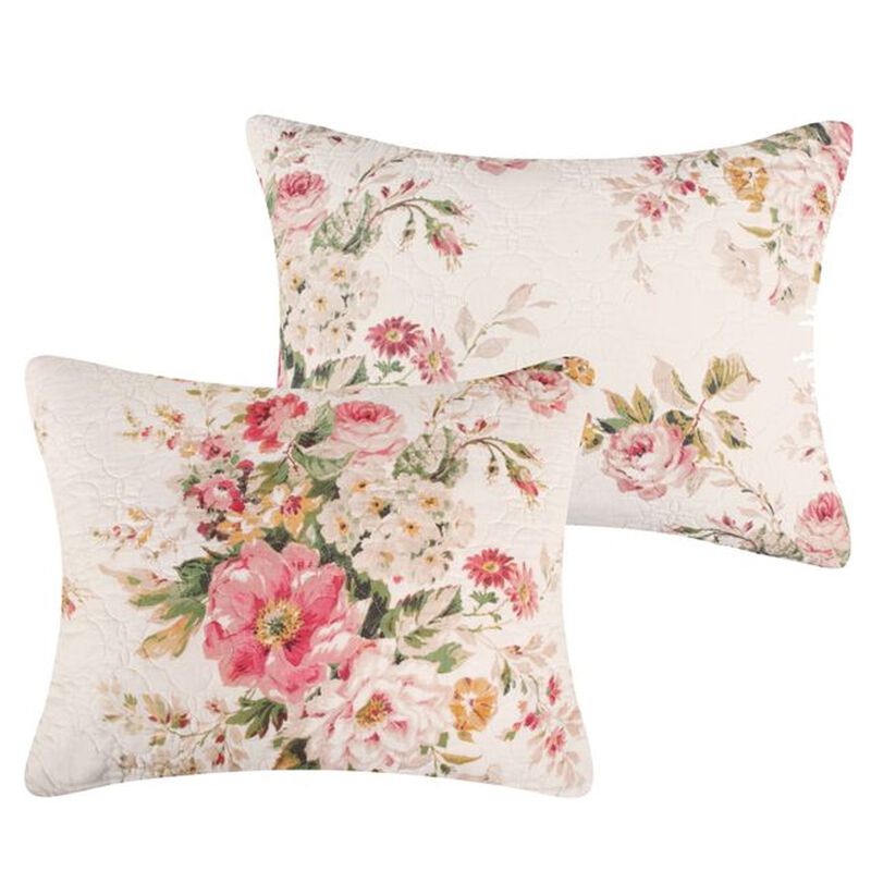 Givi 3pc King Quilt Set, Shams, Red and Floral Beige Buttercup Cotton