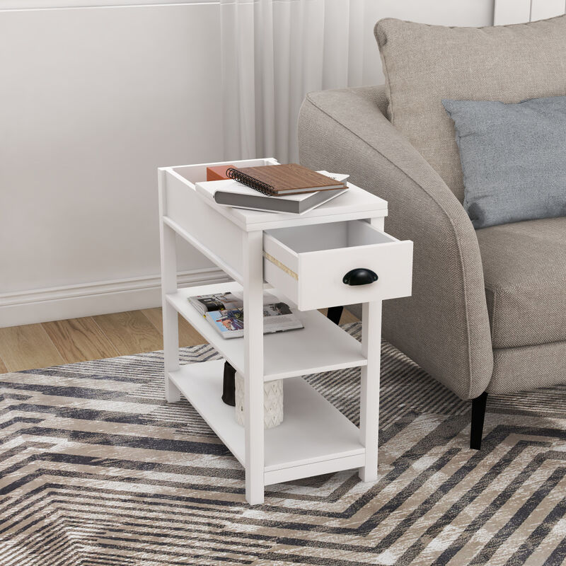 Narrow Sided Table With Drawers And Bottom Partition In Flip Over Design - White