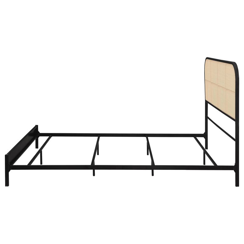 Ammy Queen Bed, Radio Weave Headboard, Brown Faux Rattan, Black Metal  - Benzara
