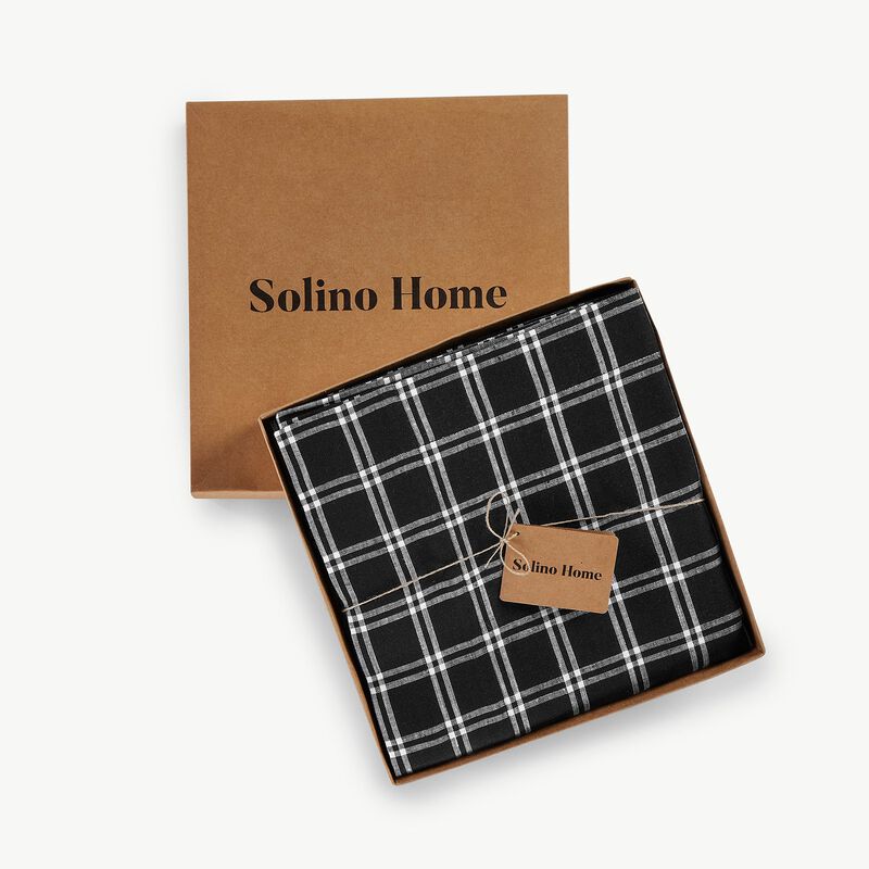 Solino Home100% Pure Linen Black Marseille Plaid Tablecloth, Christmas Decoration