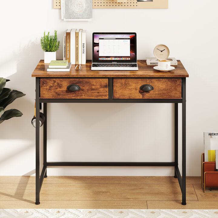 Space-Saving Home Office Desk with 2 Fabric Drawers and 4 Hanging Hooks for Storage
