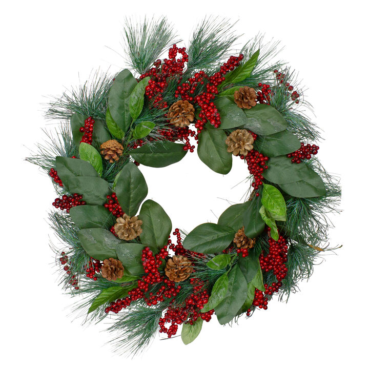Leaves  Berry and Pine Needle Artificial Christmas Wreath - 24-Inch  Unlit