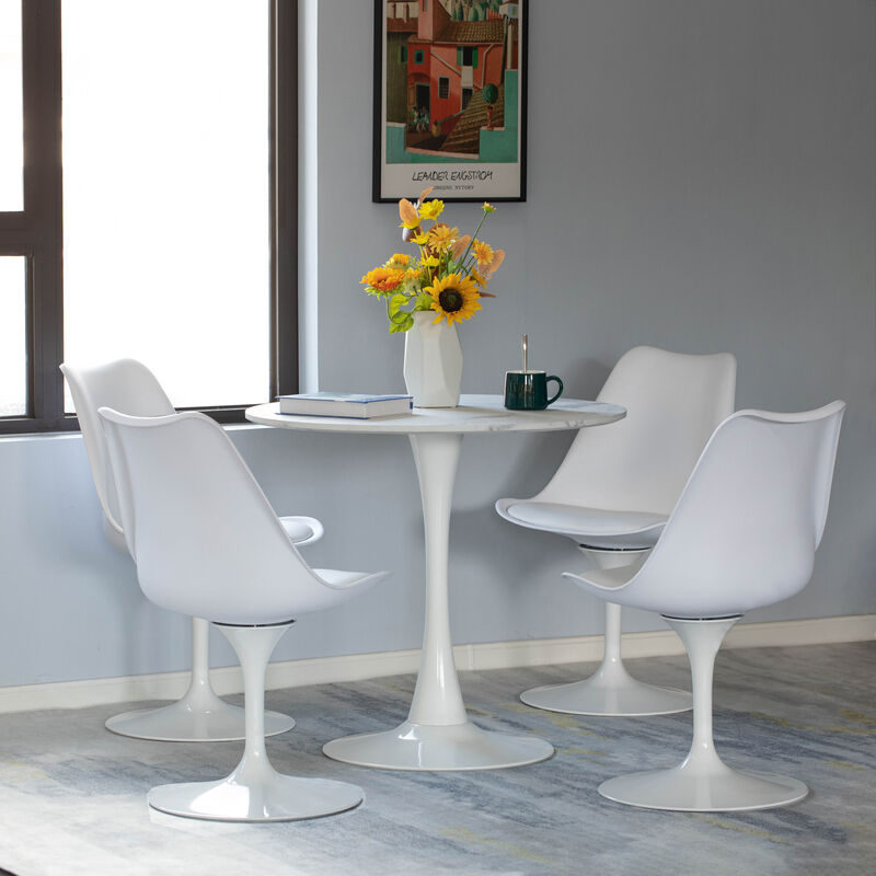 31.5" White Round Tulip Table with Modern Marble Painting Top and Sturdy Wooden Pedestal Stand, MDF Accent Dining Table
