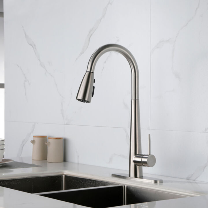Modern Kitchen Faucet, Brushed Nickel, Pull-Down Sprayer, High Arc, Single Handle